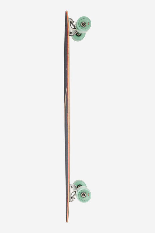 Side profile of Noosa Longboard 43 Afterglow with mint green wheels and reverse kingpin trucks