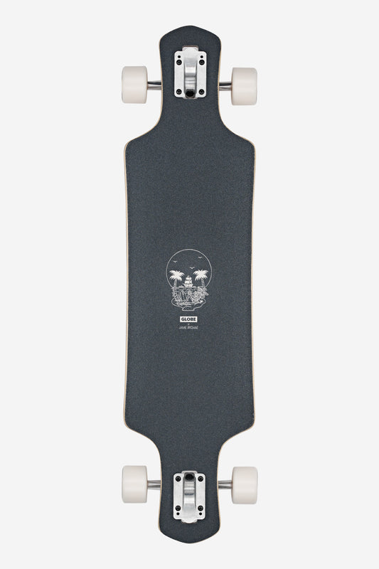 The Geminon 37.5 Longboard 38" - Reflection features white wheels, black grip tape, a central white graphic with palm trees, waves, a sunset, dual cutout ends, and silver trucks.