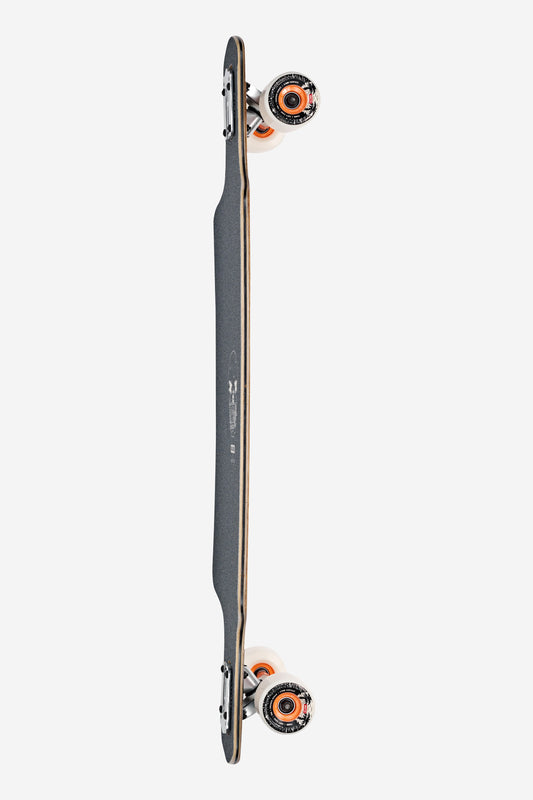 A top-down view of the Geminon 37.5 Longboard 38" - Reflection shows black grip tape, exposed wood layers on the edges, and orange wheels, all photographed against a white background.