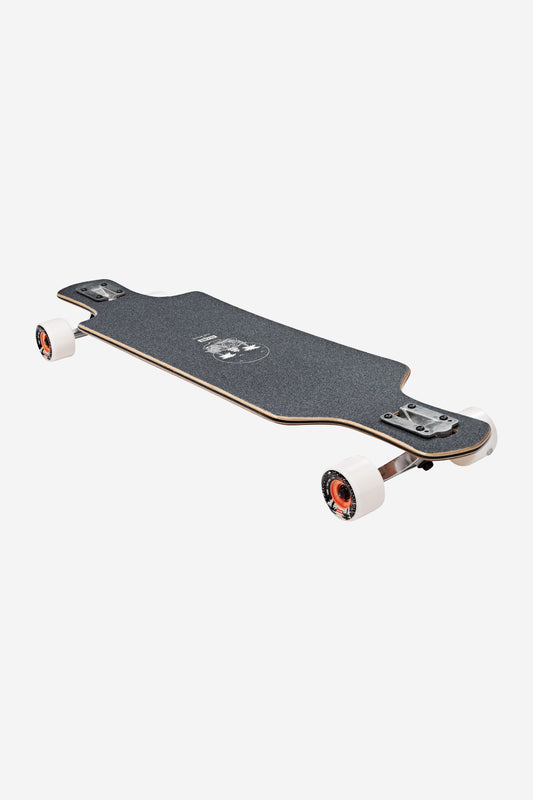 The Geminon 37.5 Longboard 38" - Reflection is shown with a black textured grip, low deck design, white wheels, and silver trucks against a plain white background.