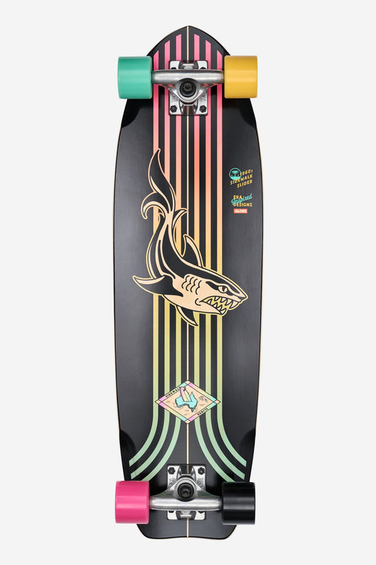 Top view of Sidewalk Slider Cruiserboard 28 Black Shark with bold vertical rainbow stripes and shark graphic