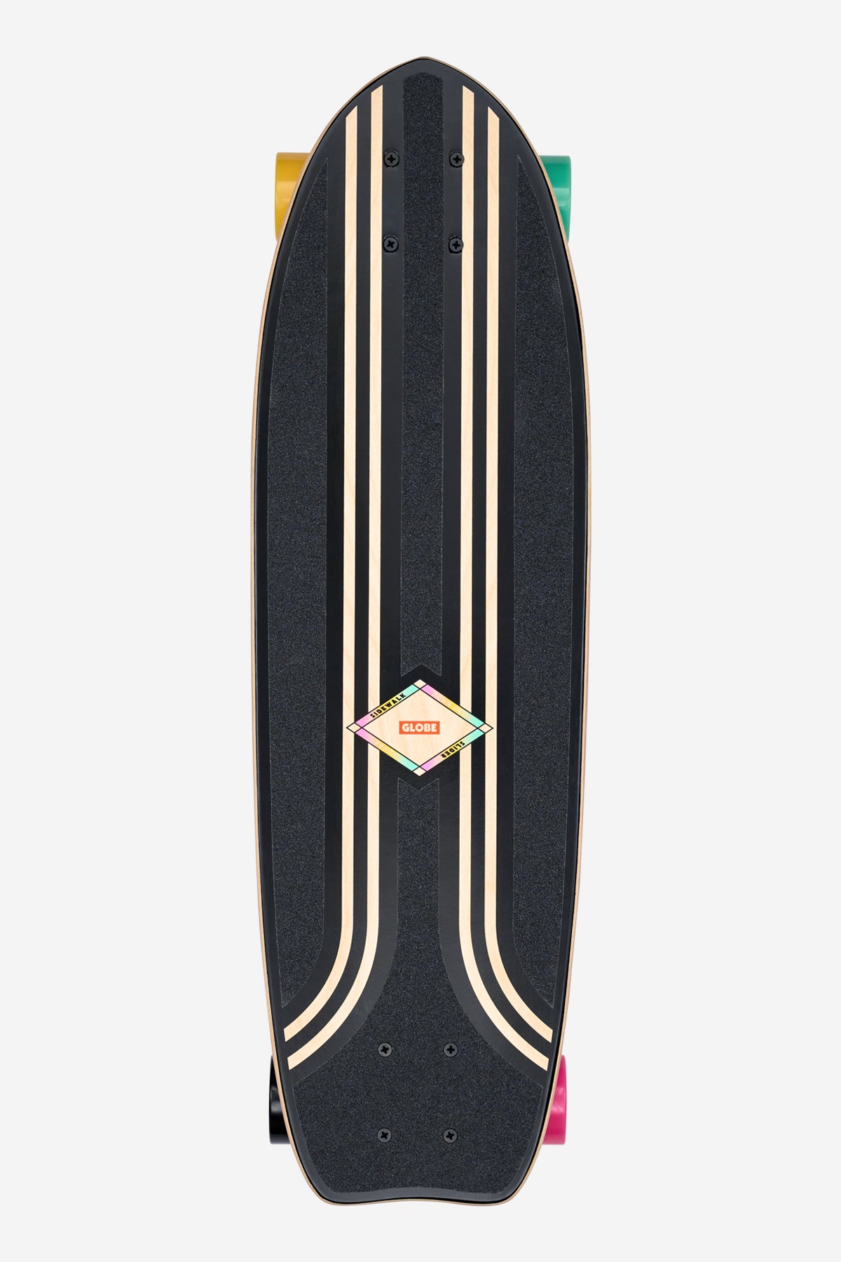Bottom view of Sidewalk Slider Cruiserboard 28 Black Shark showing rainbow stripe pattern and logo near center