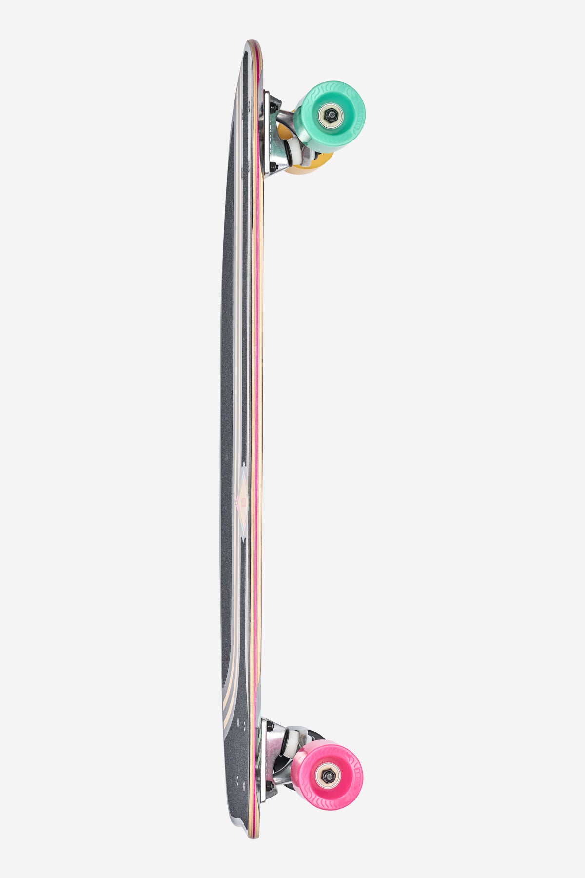 Side profile of a 28 inch black cruiserboard with pink wheels and a colorful edge stripe