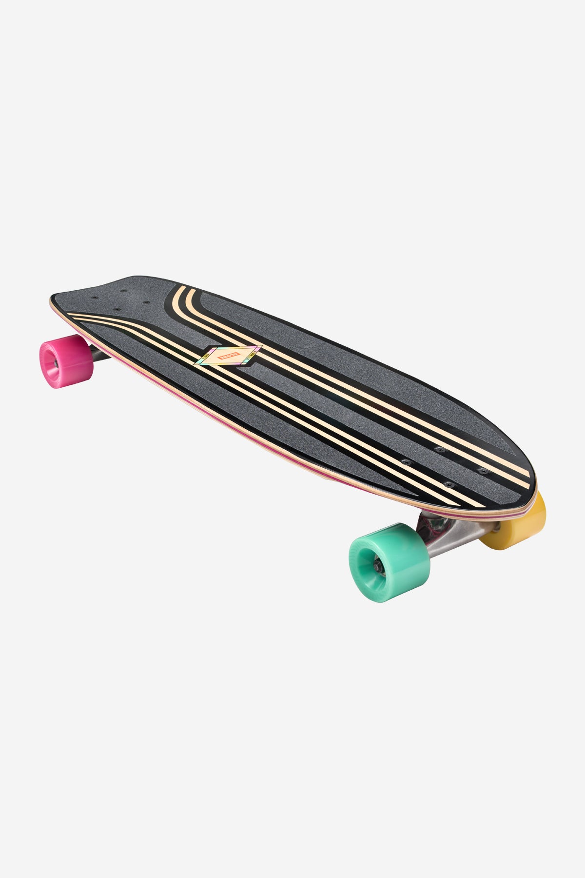 Sidewalk Slider Cruiserboard 28 inch black deck with beige stripes and pink, turquoise and yellow wheels