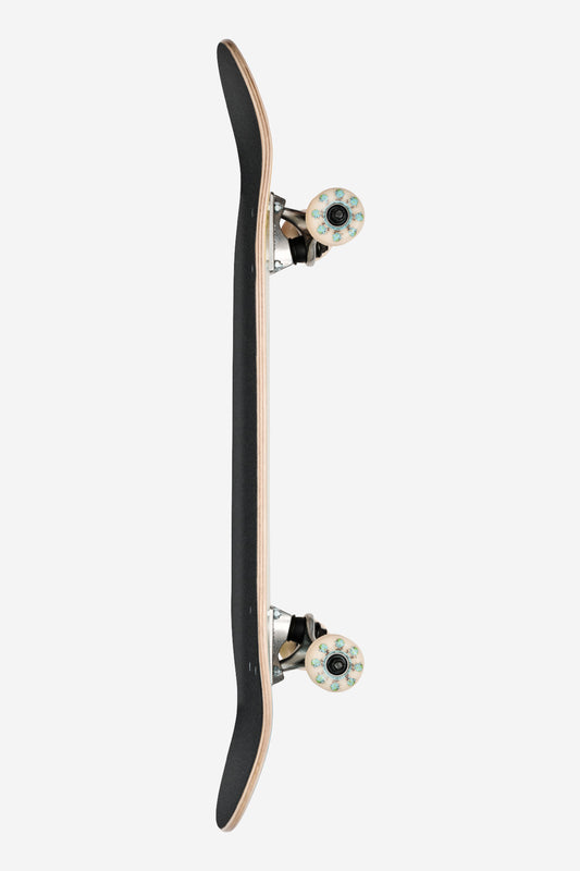 The Kids Wide Mid Complete 8.25" - Inner Balance skateboard features a black deck with wood-colored edges, silver trucks, and white wheels with green and red designs, displayed in a side profile on a white background.