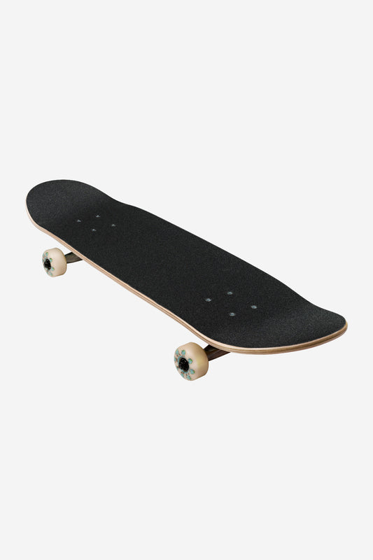 The Kids Wide Mid Complete 8.25" - Inner Balance features a black deck with a wooden edge, white wheels, and black grip tape, displayed on a white background.