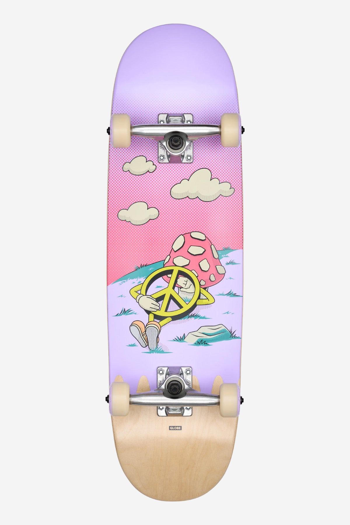 The Kids Wide Mid Complete 8.25" - Peace Man skateboard features a pastel pink and purple deck with a cartoon mushroom holding a yellow peace sign, set against grass and clouds, plus silver trucks and light tan wheels.