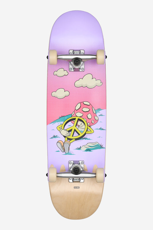 The Kids Wide Mid Complete 8.25" - Peace Man skateboard features a pastel pink and purple deck with a cartoon mushroom holding a yellow peace sign, set against grass and clouds, plus silver trucks and light tan wheels.