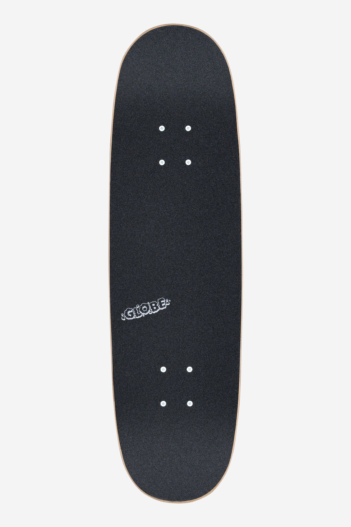 The Kids Wide Mid Complete 8.25" - Peace Man features a black deck with rough grip tape, four truck holes at each end, and a small white Globe logo printed slightly off-center.