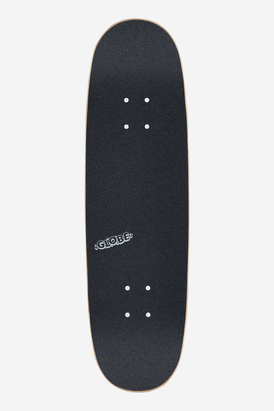 The Kids Wide Mid Complete 8.25" - Peace Man features a black deck with rough grip tape, four truck holes at each end, and a small white Globe logo printed slightly off-center.