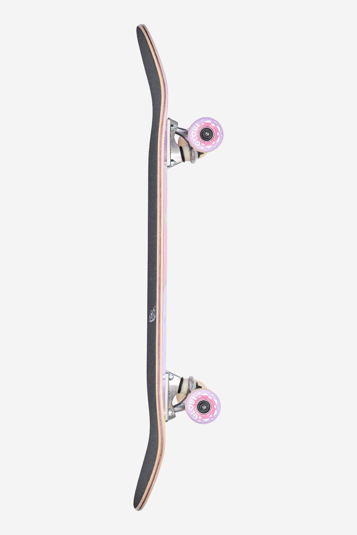 The Kids Wide Mid Complete 8.25" - Peace Man skateboard stands vertically from the side, featuring black grip tape, exposed wooden layers, pink wheels on silver trucks, all set against a plain white background.