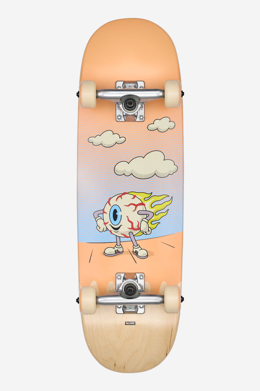 The Kids Wide Mini Complete 7.9" - Flaming Eye skateboard features light orange and natural wood colors with a cartoon eyeball, flames, clouds, and dotted background design on the deck.