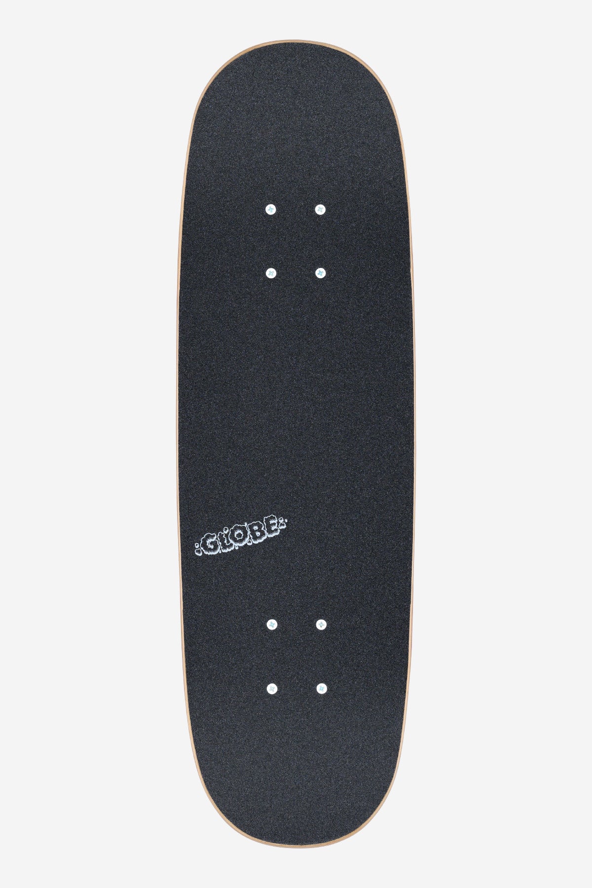 The Kids Wide Mini Complete 7.9" - Flaming Eye features a black deck with rough grip tape, four truck mounting holes, and the white GLOBE logo near one end, displayed against a white background.