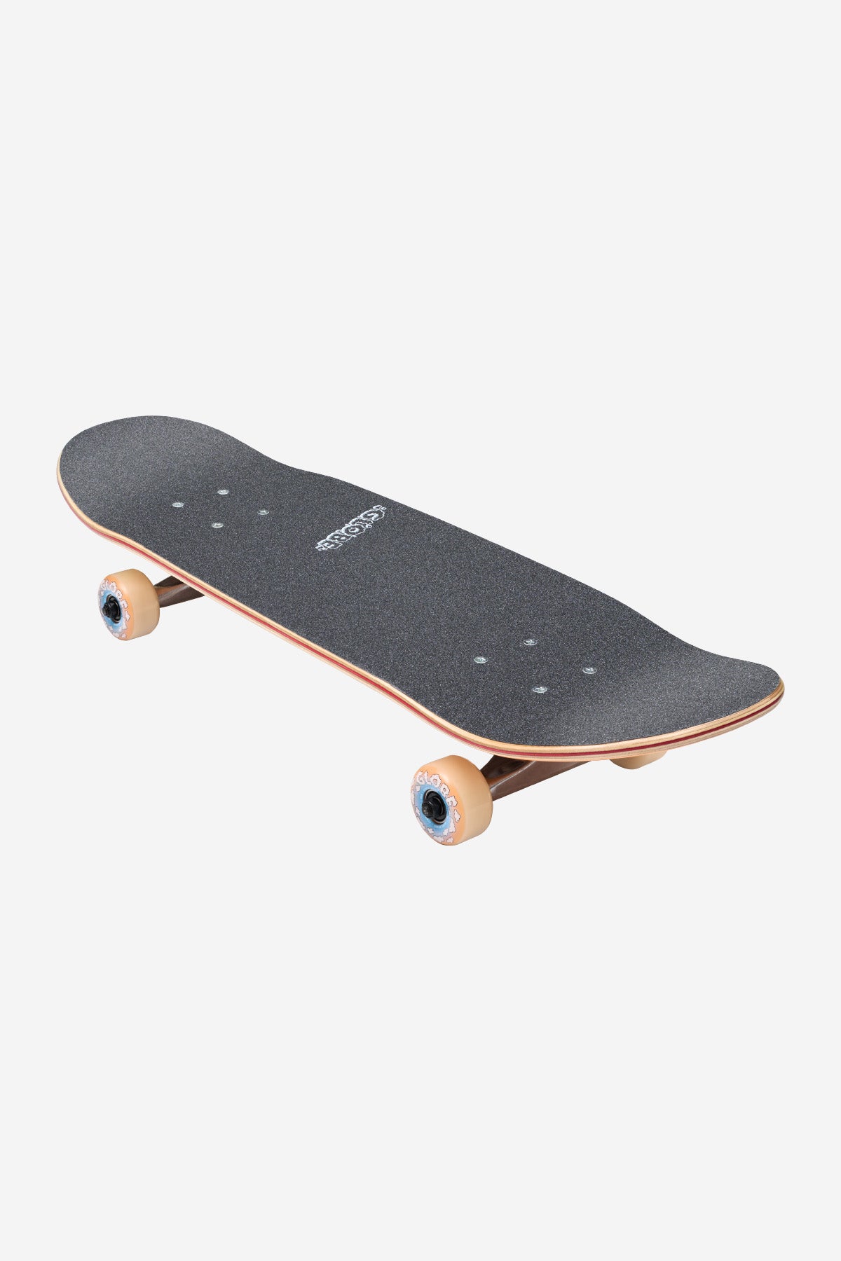 The Kids Wide Mini Complete 7.9" - Flaming Eye skateboard features a black, textured grip deck with natural wood edges, white wheels, and a slightly curved design at both ends, shown on a plain white background.