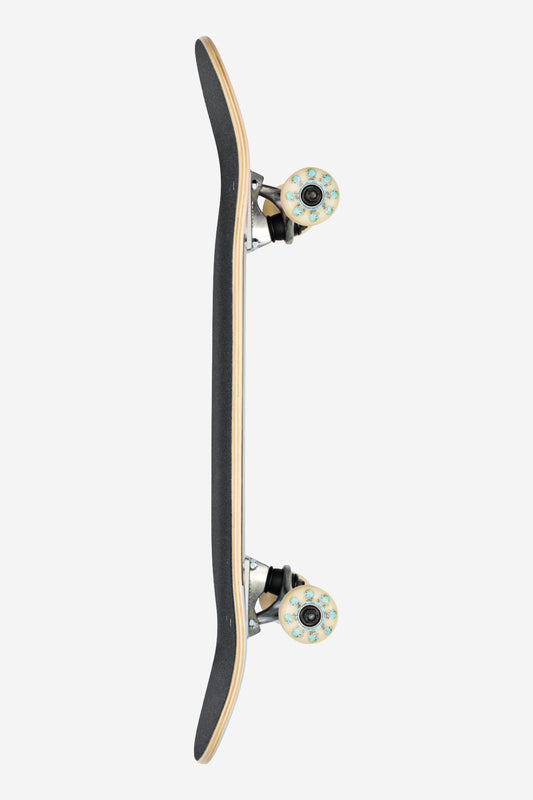 A side view of the Kids Wide Mini Complete 7.9" - True Friends skateboard displays black grip tape, layered wooden deck, metal trucks, and white graphic wheels, all set against a plain white background.