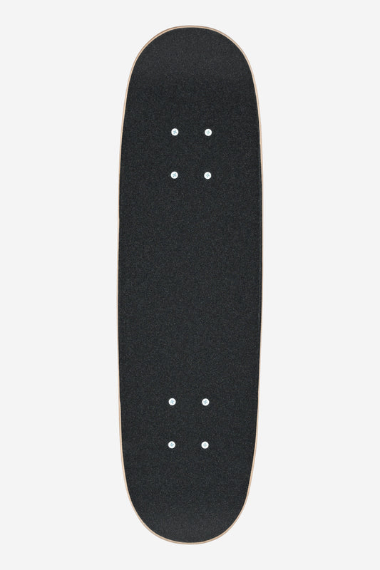 The Kids Wide Micro Complete 7.125" - Hangin skateboard deck, shown from above on a plain white background, features a black grip tape top and pre-drilled holes for truck attachment.
