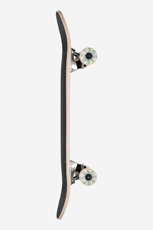 A vertical side view of the Kids Wide Micro Complete 7.125" - Hangin skateboard, featuring a black deck, light-colored wheels, and a wooden edge, displayed against a plain white background.