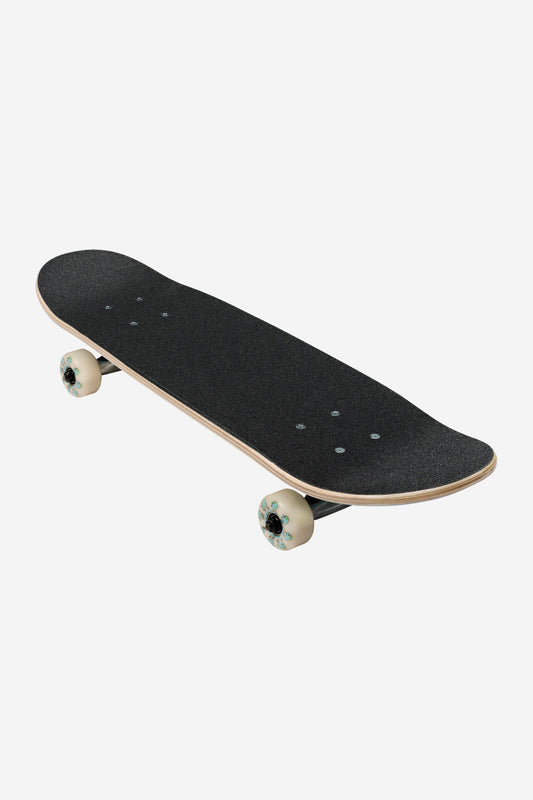 The Kids Wide Micro Complete 7.125" - Hangin skateboard features a black griptape surface, wooden edges, and white wheels, displayed at an angle on a plain white background.
