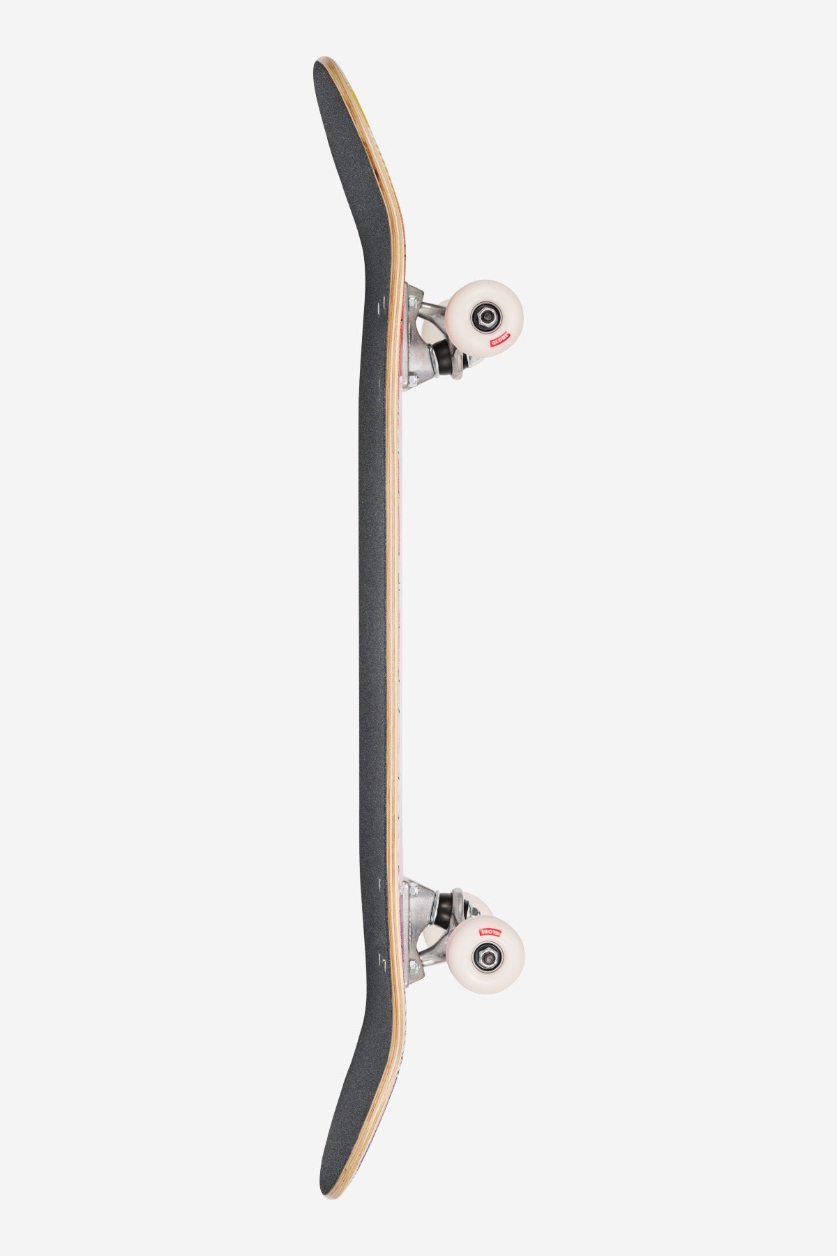 Side profile of G0 Hive Blizzard 7.75 skateboard with dark deck and white wheels
