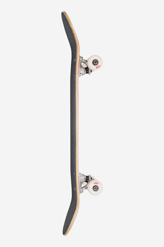 Side profile of G0 Hive Blizzard 7.75 skateboard with dark deck and white wheels