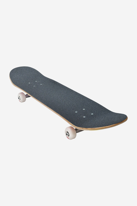 Angled view of G0 Hive Blizzard 7.75 skateboard showing the dark deck and white wheels