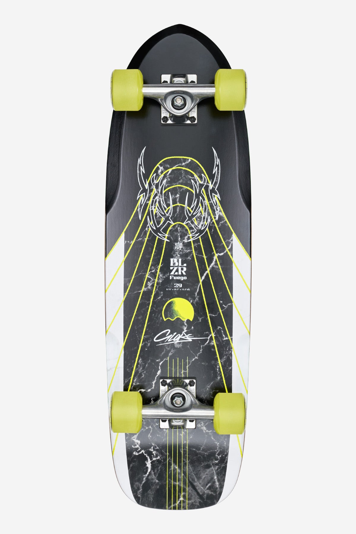 The Blazer Fuego 29 Cruiserboard 29" - Bamboo Green features neon yellow wheels, yellow lines, and a white abstract spider-like graphic on a marble-patterned black deck with multiple white markings.