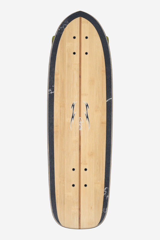 The Blazer Fuego Cruiserboard 29" - Bamboo Green features a wooden deck with a pointed nose, black grip tape on the edges, a central logo of two lightning bolts and a bird, and multiple truck and cruiser wheel mounting holes.