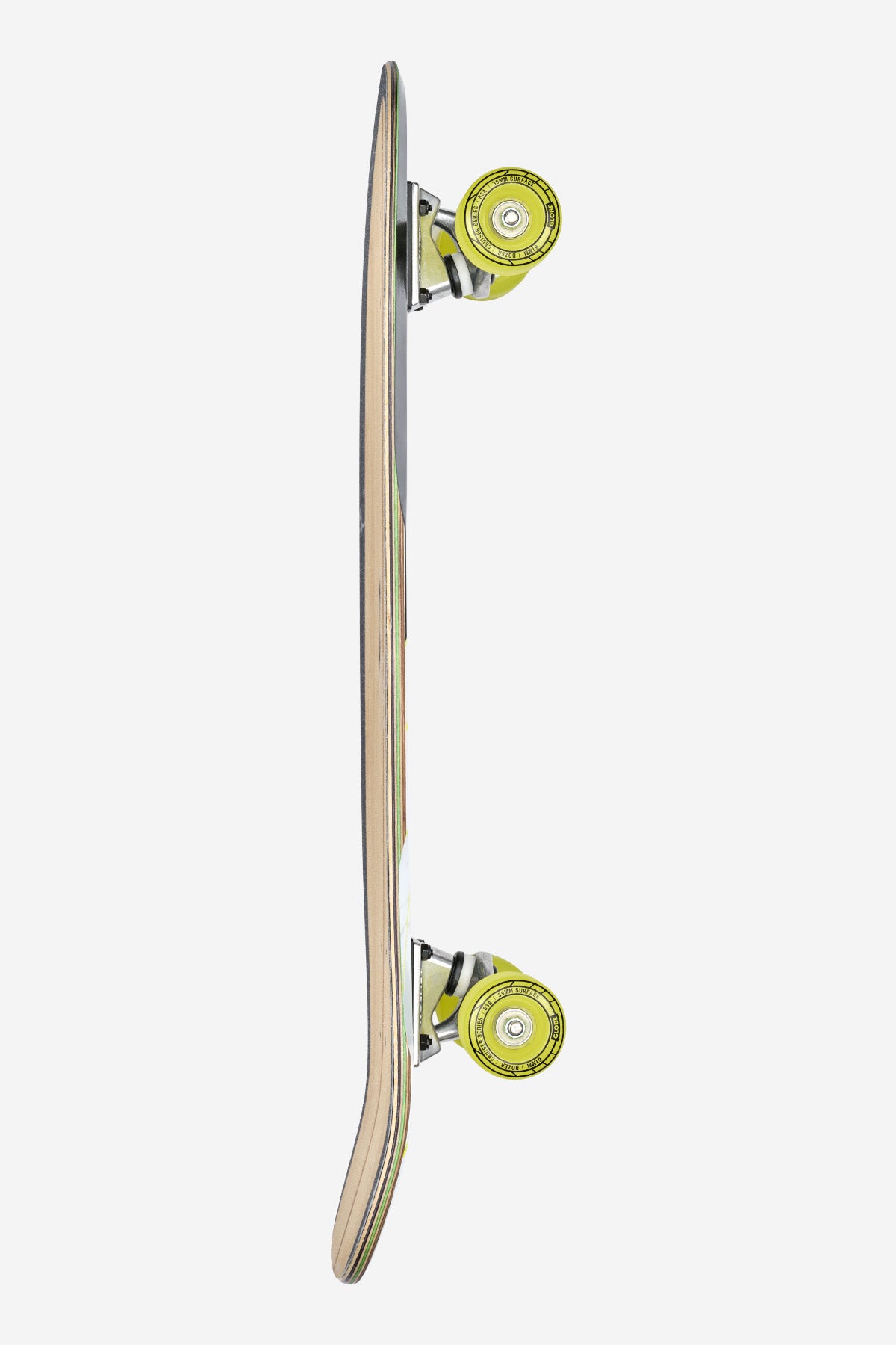 Side view of the Blazer Fuego 29 Cruiserboard 29" - Bamboo Green featuring a bamboo deck with curved tail, metal trucks, and bright yellow wheels against a white background.