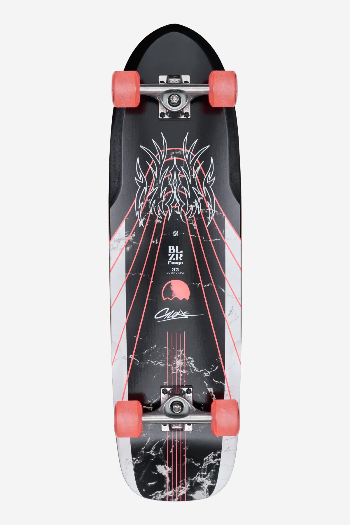 The Blazer Fuego 32 Cruiserboard 32" - Bamboo Red is a black skateboard with red wheels, featuring red lines, abstract flames, marble patterns, and white/red text with a signature in the center.