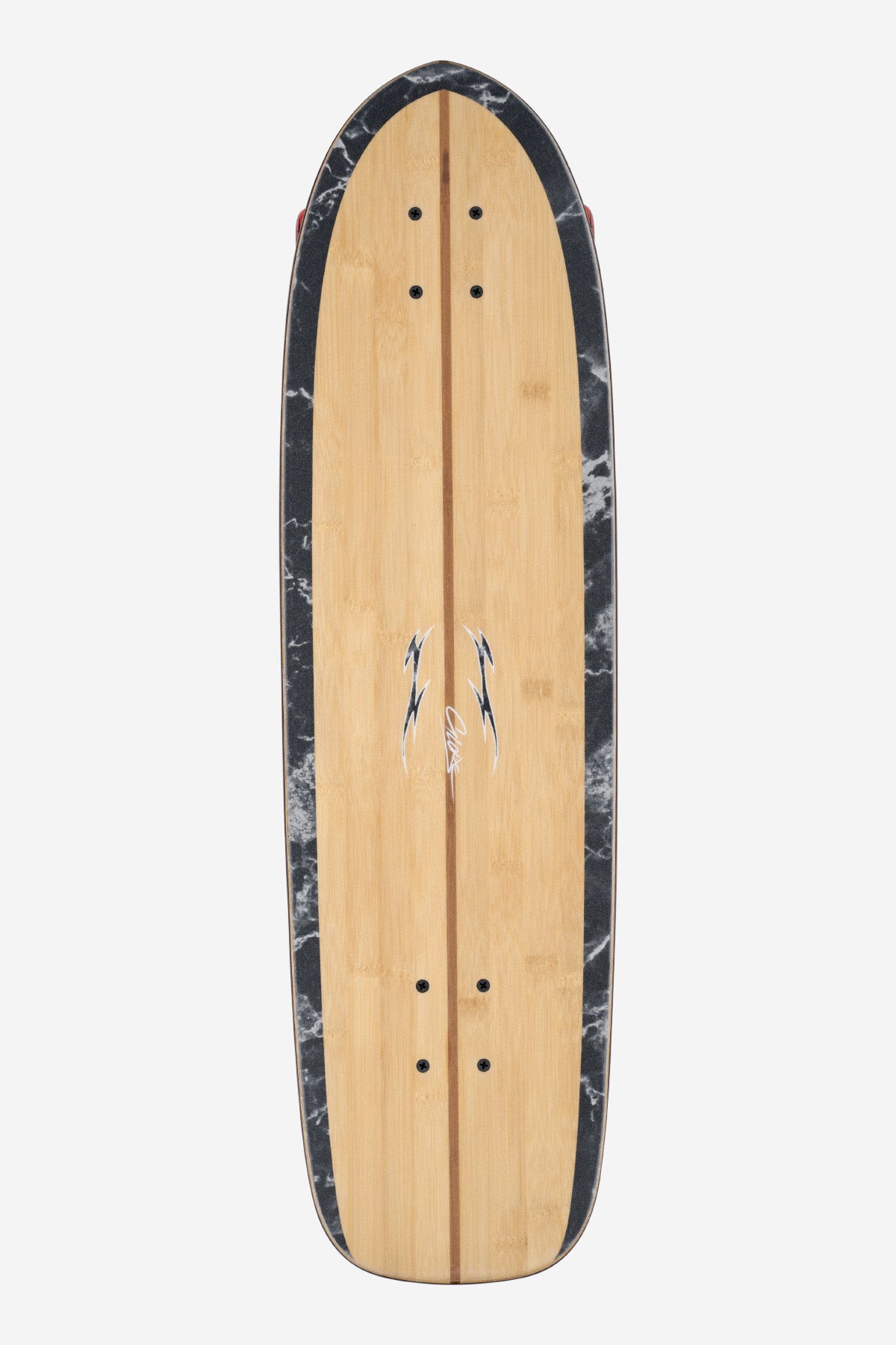 The Blazer Fuego 32 Cruiserboard 32" - Bamboo Red features a black marbled border, dual sets of truck holes, a lightning bolt graphic in the center, and a deck with a rounded nose and slightly tapered tail.
