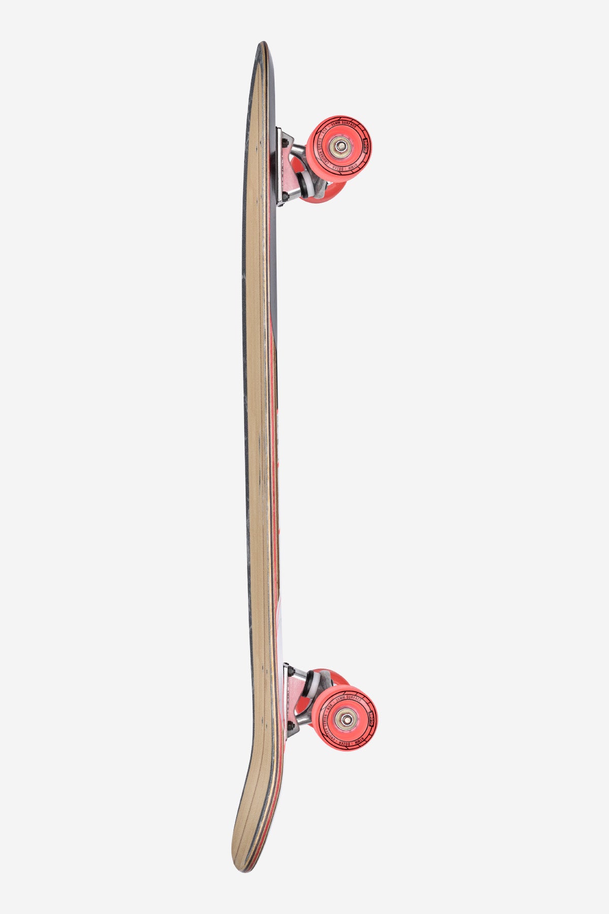 Side view of the Blazer Fuego 32 Cruiserboard 32" - Bamboo Red, featuring red wheels and silver trucks, vertically positioned on a white background to highlight its slim bamboo profile and upward curve at one end.