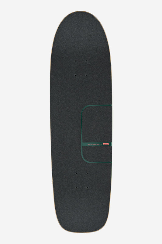 The Kerbo Cruiserboard 32" in Black Maple/Emerald Green features a pool-shaped deck with a rectangular, emerald green outline at the center. Viewed from above, its rounded nose, tail, and truck holes make it ideal for curb shredding.