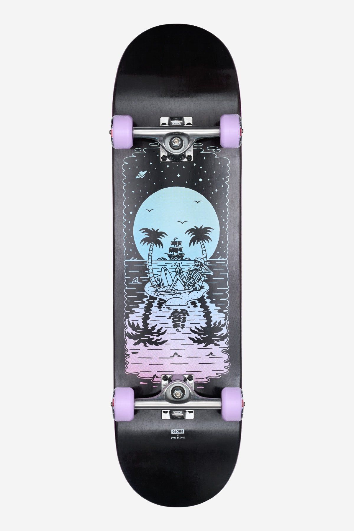 The G2 Reflection Complete 8.5" - Black/Purple features purple wheels and a deck with a couple on a beach under palm trees, illuminated by a large moon and stars in pastel blue and pink tones.