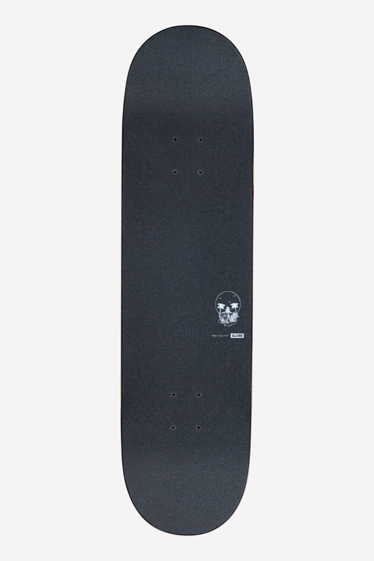 The G2 Reflection Complete 8.5" - Black/Purple features a black skateboard deck with a subtle white skull and crossbones graphic near the tail, pre-drilled holes for truck mounting, and is photographed on a plain white background.