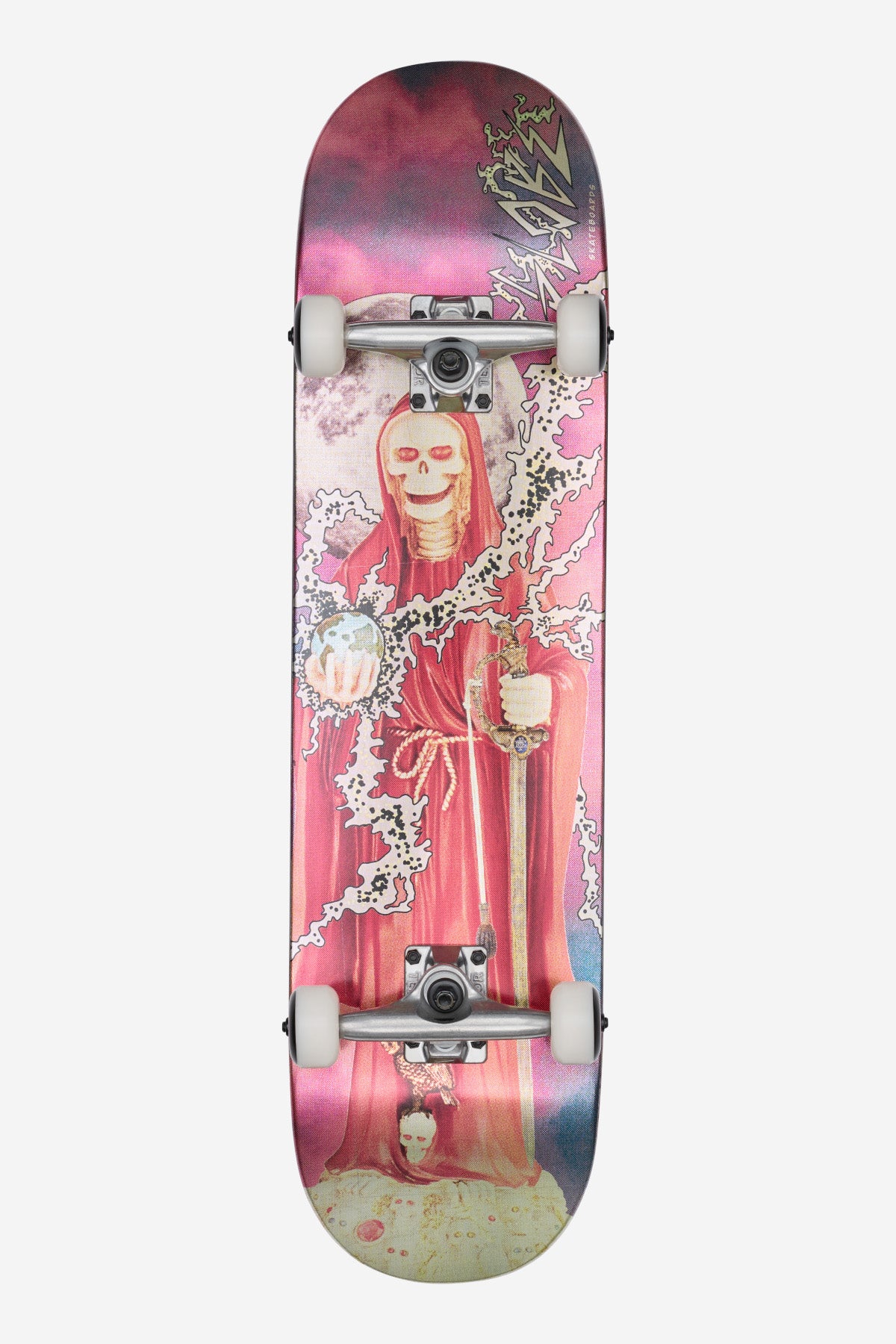The G1 Downtown Doom Complete 8.0" - Silver/Red skateboard features a hooded skeleton in a red robe with a skull and candle, lightning designs, white wheels, Tensor Alloy trucks, ABEC 7 bearings, and is made from Resin-7 Hard Rock Maple.