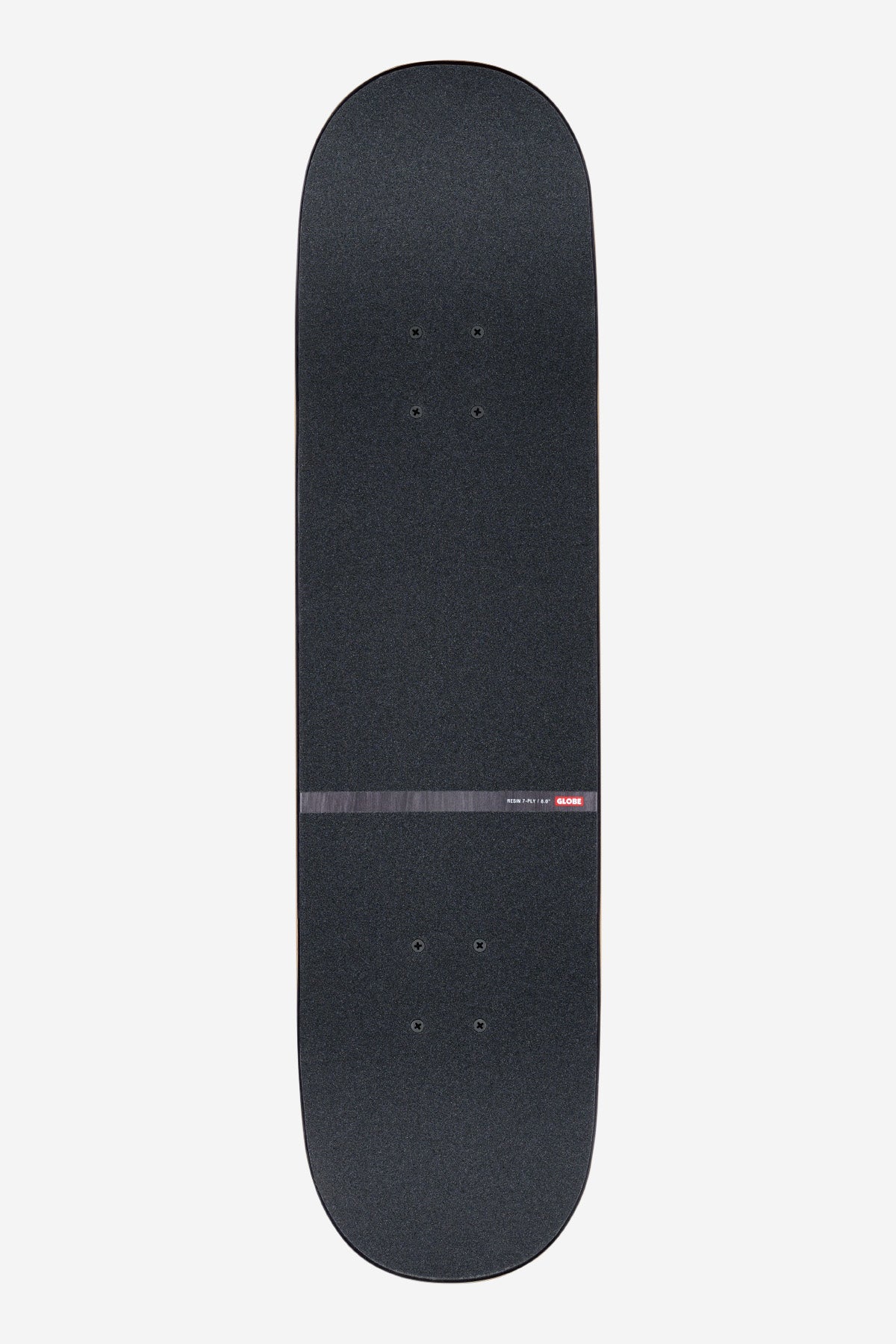 The G1 Downtown Doom Complete 8.0" - Silver/Red features a black Resin-7 Hard Rock Maple deck with a textured grip and a single thin center stripe, shown against a plain white background.