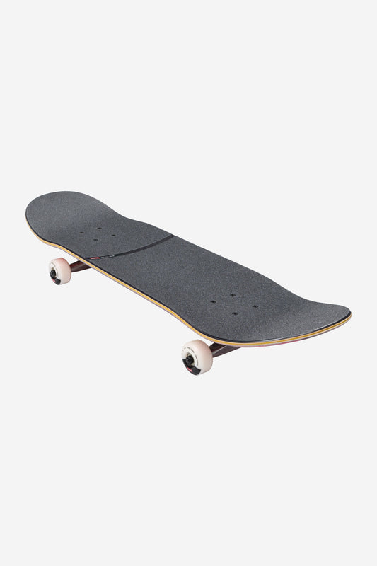 The G1 Downtown Doom Complete 8.0" - Silver/Red features a Resin-7 Hard Rock Maple deck with Tensor Alloy trucks and white wheels. Shown fully assembled with a textured grip, it's ready to ride, displayed at an angle against a plain white background.