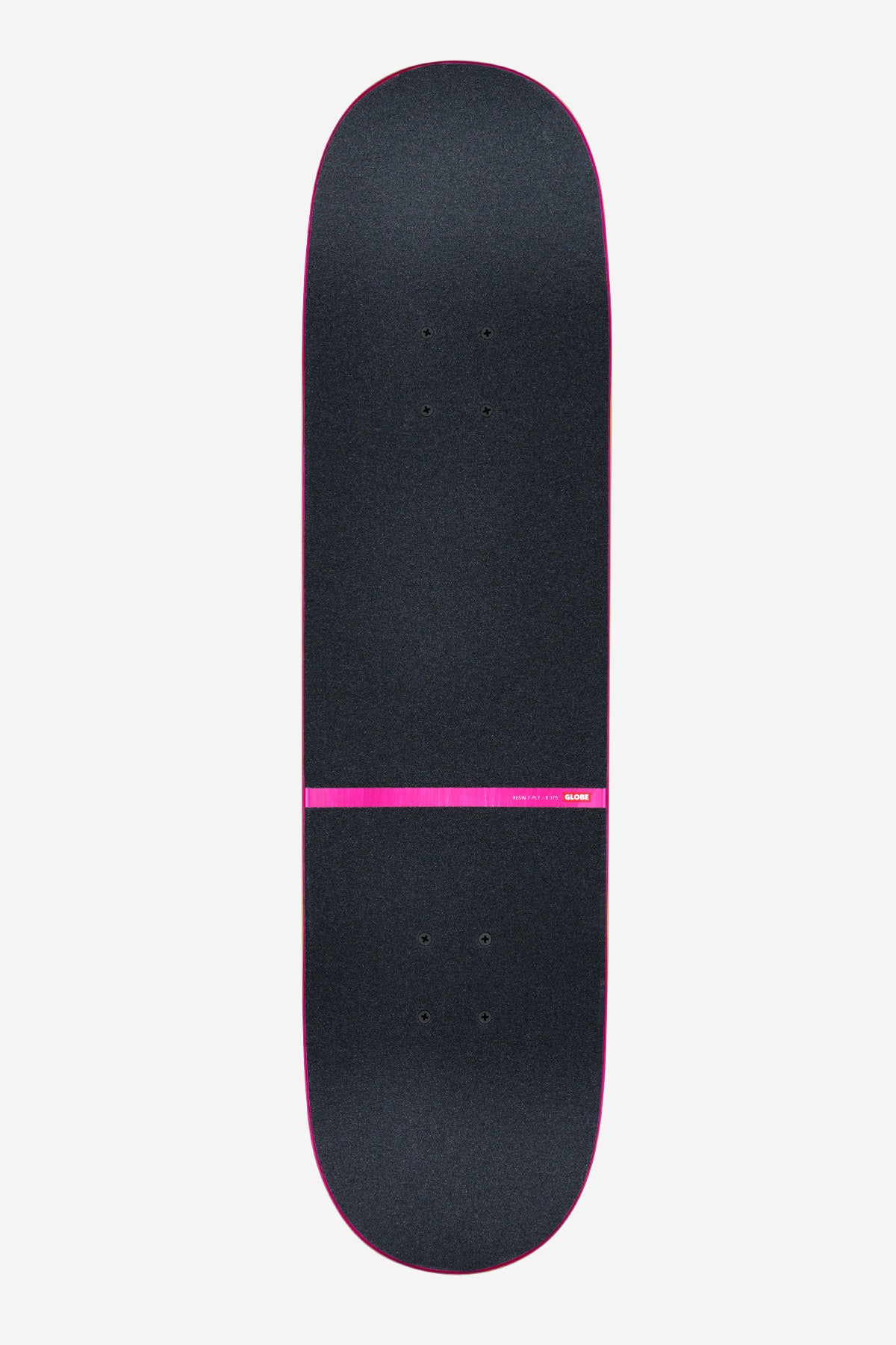The G1 Where To Next Complete 8.375" in black maple/recon features a hard rock maple deck with grip tape, visible truck holes, a single pink strip near one end, and a pink border around the edge when viewed from above.