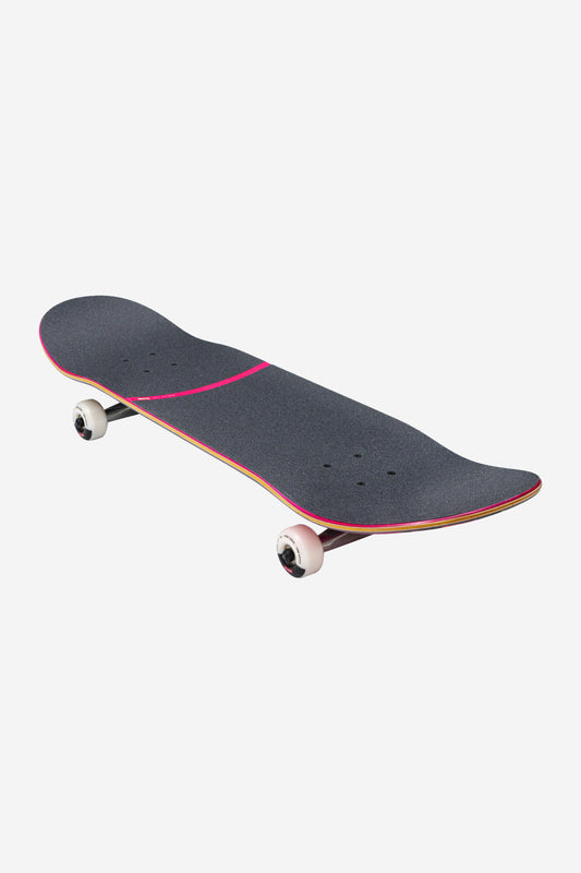The G1 Where To Next Complete 8.375" - Black Maple/Recon skateboard features a black hard rock maple deck with a pink stripe, white wheels, wooden edge, and a subtle curve at both ends, displayed on a white background.