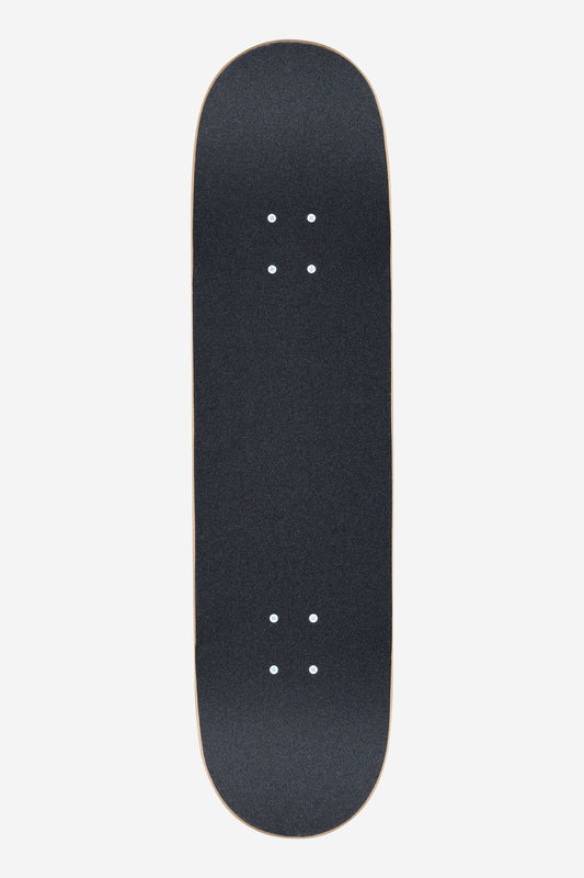 The G0 Unfussed Complete 8.25" - Technotrap skateboard deck is shown from above, displaying its grip tape surface and pre-drilled truck holes on both ends against a white background.
