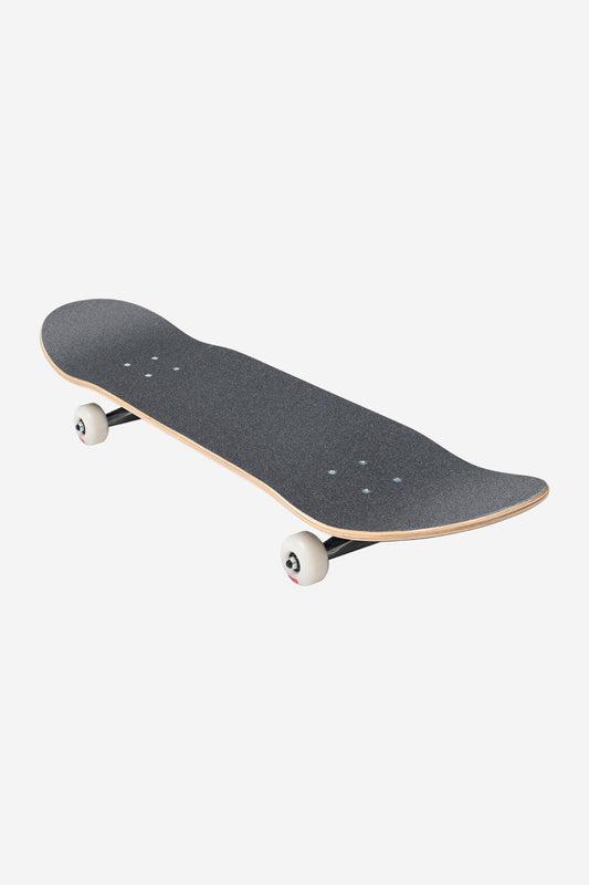 The G0 Unfussed Complete 8.25" - Technotrap skateboard features a black deck with grip tape, white wheels, and a wooden edge, displayed at an angle against a plain white background.