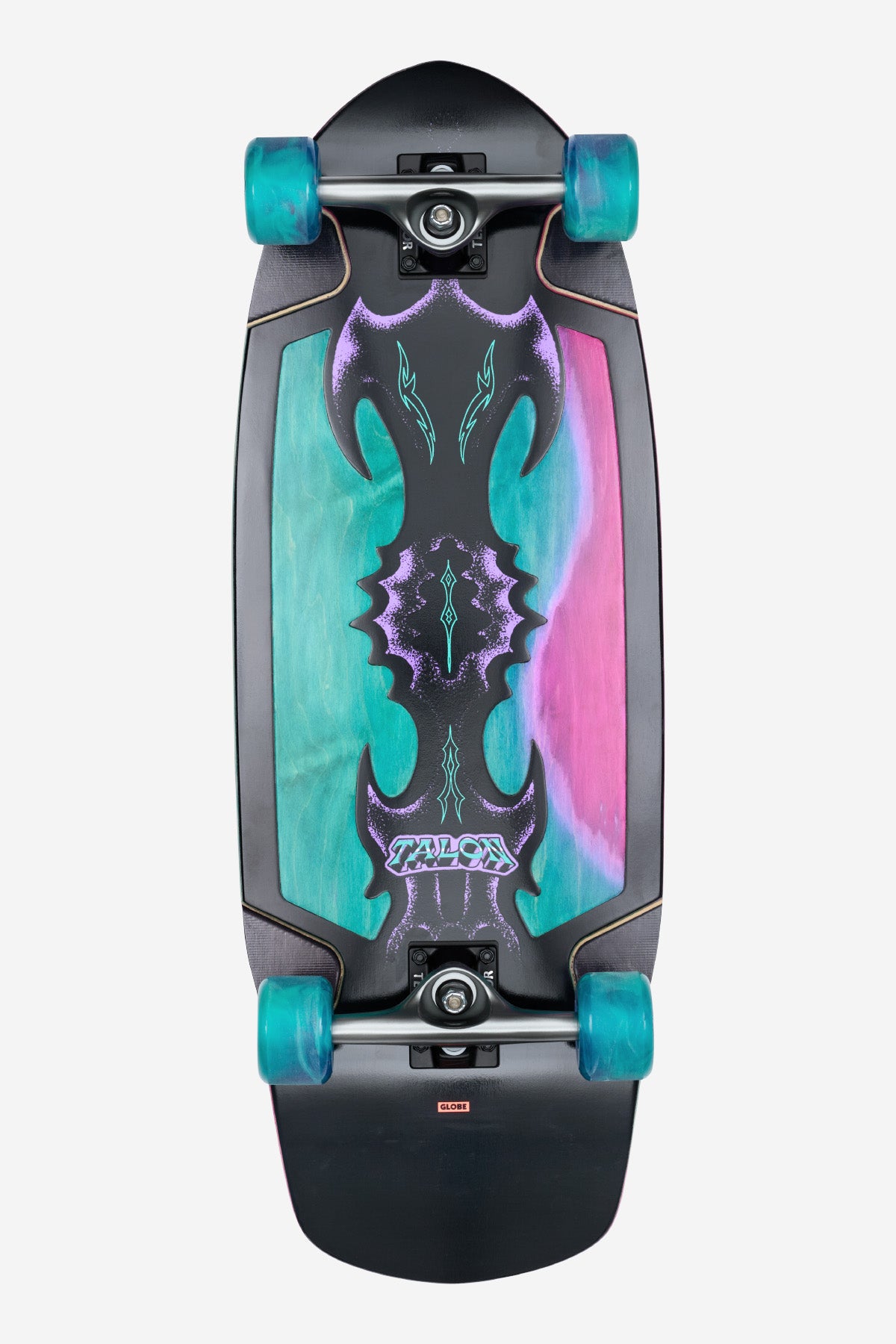 The Talon Cruiserboard 30" - Black/Blue/Green features teal wheels and a vibrant deck with an abstract design in teal, purple, and pink, plus black gothic graphics and "Talon" near the bottom.