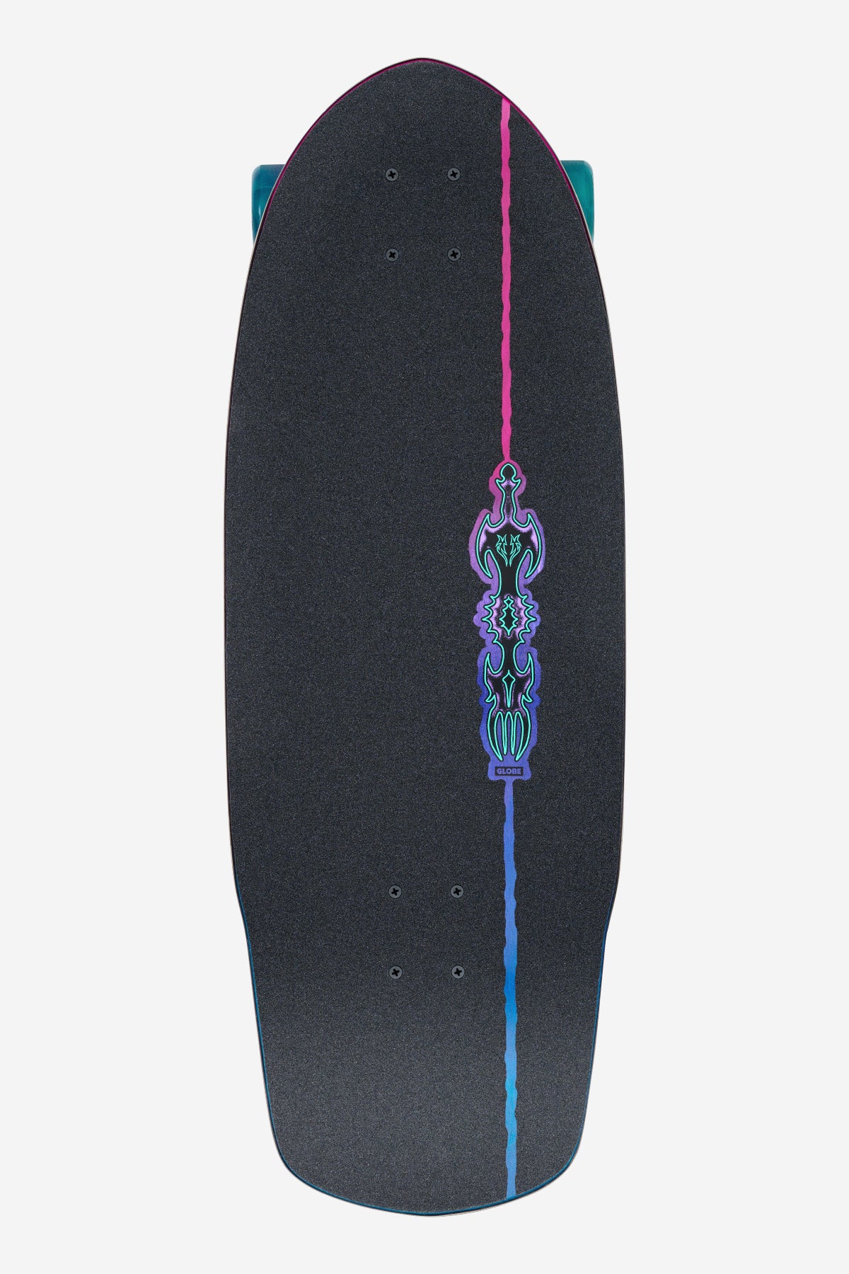 The Talon Cruiserboard 30" in Black/Blue/Green features an intricate, colorful graphic centered on a black deck with a vertical pink and blue gradient stripe running from top to bottom.
