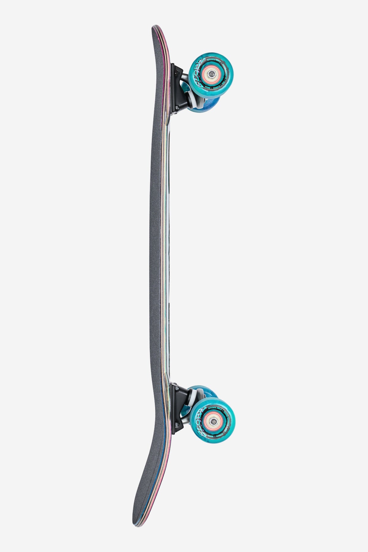 A side view of the Talon Cruiserboard 30" in Black/Blue/Green, featuring blue wheels and black grip tape, highlights its concave deck shape against a white background.