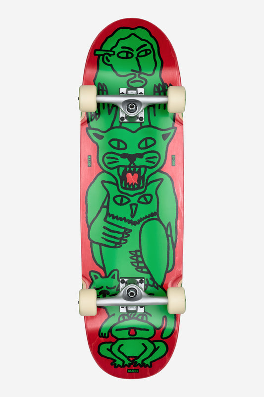 The Punter Cruiserboard 9.125" - Animal Collector features a red deck with bold, cartoon-style green illustrations of a cat, person, and frog stacked vertically, plus white wheels and silver trucks.