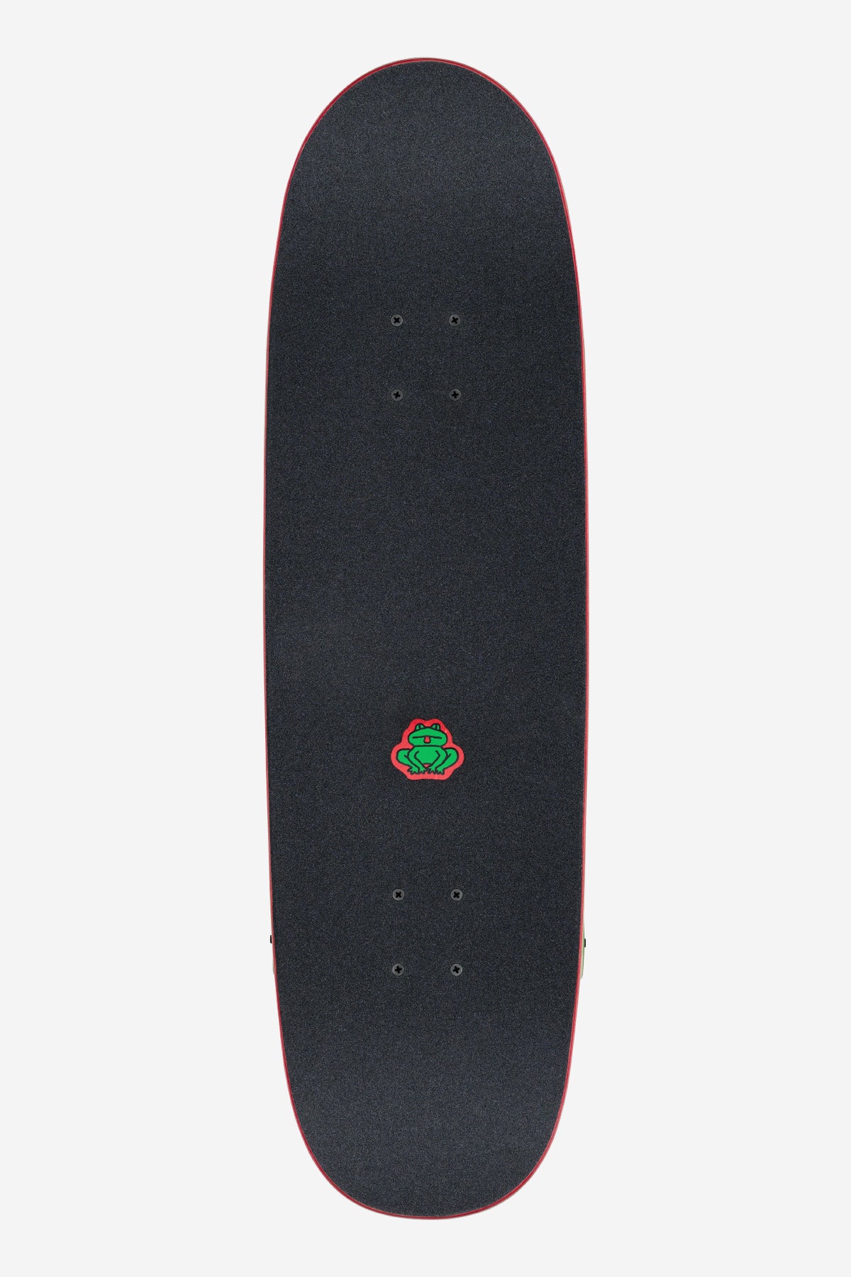 The Punter Cruiserboard 9.125" - Animal Collector features a black deck with a small, colorful frog graphic at the center, subtly red-tinted edges, and a textured grip. It's shown against a plain white background.
