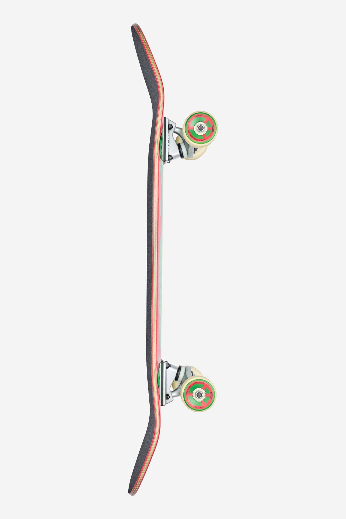 The Punter Cruiserboard 9.125" - Animal Collector is shown from the side with black grip tape, multi-colored layered deck edges, and wheels featuring green and pink accents, set against a plain white background.
