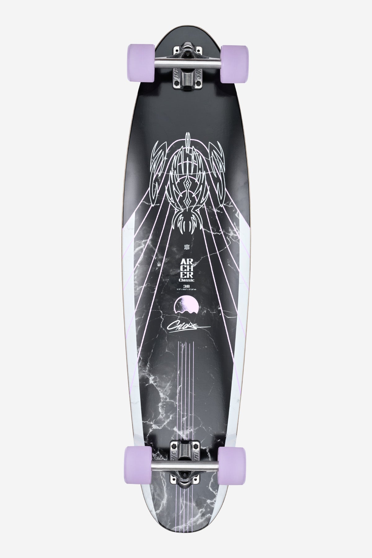 The Archer Classic Longboard 38" - Bamboo Purple features a black deck with white geometric and abstract line art, subtle grey marbling, and bold purple wheels.