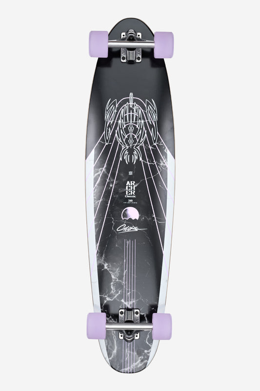 The Archer Classic Longboard 38" - Bamboo Purple features a black deck with white geometric and abstract line art, subtle grey marbling, and bold purple wheels.