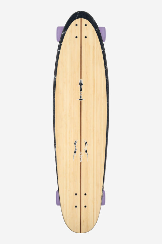 Top view of the Archer Classic Longboard 38" - Bamboo Purple, featuring a natural bamboo finish, black edges, minimal black center artwork, and purple wheels.